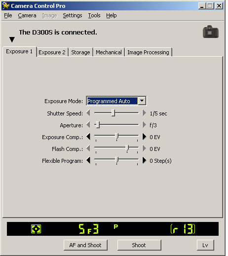 Nikon
                  Camera Control Pro 2.8.0 Exposure 1 screen