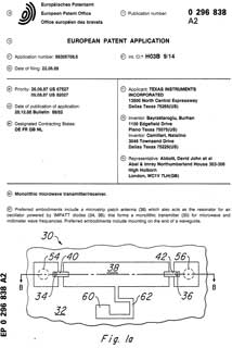 EP0296838
                        Monolithic microwave transmitter/receiver,
                        Burhan Bayraktaroglu, Natalino Camilleri, TI,
                        1996-03-27