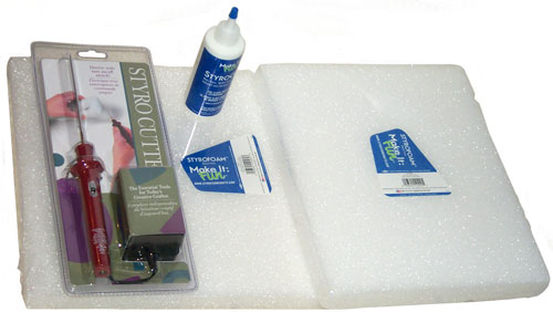 Styrofoam sheets,
glue, hot wire cutter
