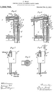 1052783
                      Igniting device for miners' safety-lamps, Paul
                      Wolf (son of Carl?), 1913-02-11, 431/275 -