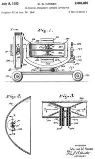 2602895
                        Ultrahigh-frequency antenna apparatus, William W
                        Hansen (Wiki), Sperry Corp, 1952-07-08
