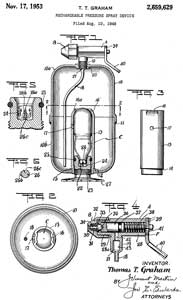 2659629
Rechargeable pressure spray device, Thomas T Graham,
Ocie P. Alexander, 1953-11-17