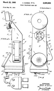 2929883 Field
                  telephone hand set, Durbin Vernon, Ernest W Johnson,
                  National Pneumatic Co Inc, 1960-03-22 - TA-1 Field
                  Telephone