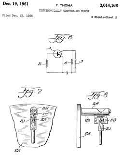 3014168
                  Electronically controlled clock, Thoma Fritz,
                  Priority: 1955-12-28, 318/132; 310/15; 368/157;
                  968/476; 310/27