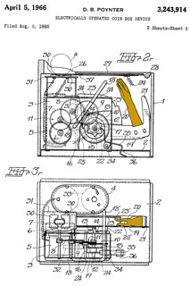 3243914
                  Electrically Operated Coin Box Device, Donald B
                  Poynter, April 5, 1966, 446/9 446/484 472/71 194/310
                  472/70 -