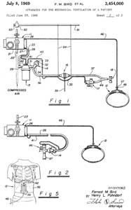3454000
                      Apparatus for the mechanical ventilation of a
                      patient, Forrest M Bird, Henry L Pohndorf,
                      1969-07-0