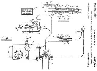3485243
                      Respirator with improved exhalation valve and
                      control means, Forrest M Bird, Henry L Pohndorf,
                      App:1965-08-02