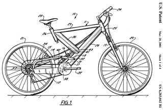 6203042 Bicycle
                  rear suspension system providing relative rearward
                  motion of rear axle, Weston M. Wilcox, Trek Bicycle
                  Corp, Priority: 1998-02-20, B62K25/286