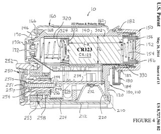 8727561B2
Light and/or device having a compartment
accommodating batteries of different types,
sizes and/or shapes, Raymond L. Sharrah,
Thomas D. Boris, Brian Orme, Mark W. Snyder,
Streamlight Inc, 2014-05-20